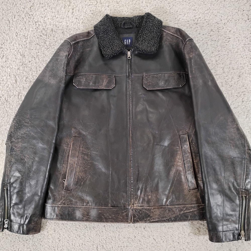 Vintage GAP Jacket Mens Large Brown Moto Biker Y2K Cow Leather Sherpa Collar 90s